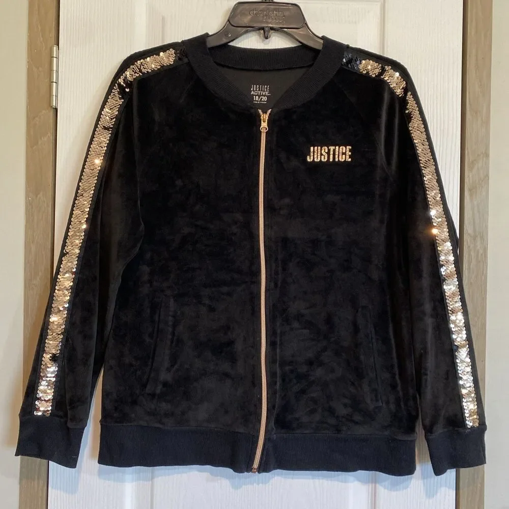 Justice Active Girls Jacket Velour Sequin Zipper Black And Copper size 18-20